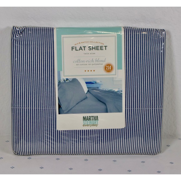 Martha Stewart Blue Pinstripe Flat Sheet Cotton-Rich Blend Twin Size Vintage NEW - Picture 1 of 4